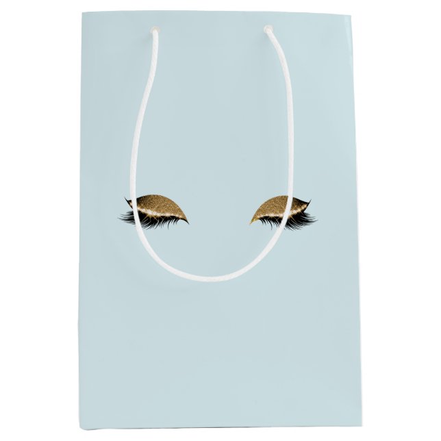 Pretty Blue Girly Gold Glam Glitter Eyelashes Medium Gift Bag (Front)