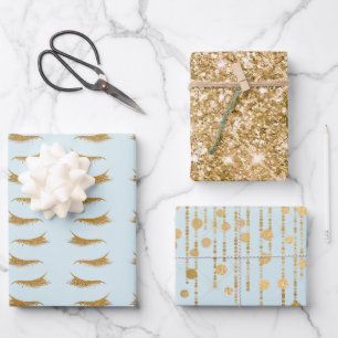 Pretty Blue Girly Gold Glam Glitter Eyelashes Wrapping Paper Sheets