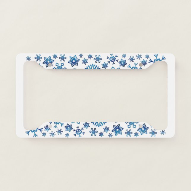 Pretty Blue Glitter Winter Snowflakes Christmas License Plate Frame (Front)