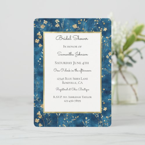 Pretty Blue Gold Flowers Bridal Shower Invitation