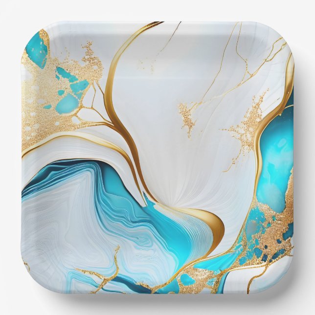 Pretty Blue Gold White Marble Design Paper Plates (Front)
