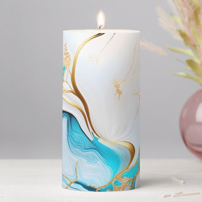 Pretty Blue Gold White Marble Design Pillar Candle (In Situ)
