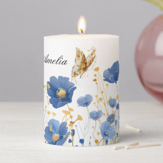 Pretty Blue & Gold Wildflower Customizable Candle