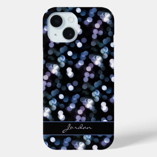 Pretty Blue Gray  Lavender Sparkle Lights w Name iPhone 15 Case