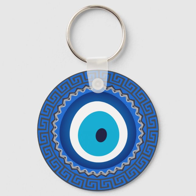 Pretty Blue Greek Mandala Nazar Evil Eye Amulet Keychain (Front)