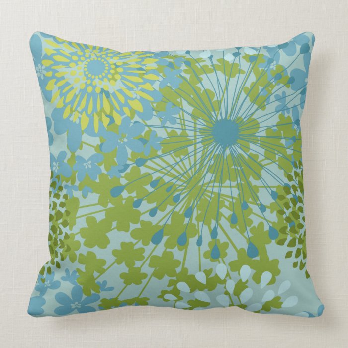 Pretty Blue Green Flower Floral Line Art Pillow