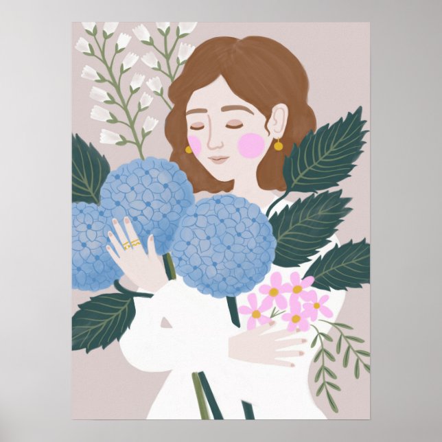 Pretty Blue Green Girly Floral Illustration Poster (Front)