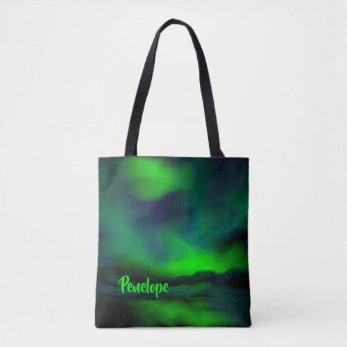 Pretty Blue Green Northern Lights and Your Name Tote Bag