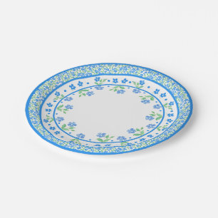 Pretty Blue Green Periwinkles Floral Round Border Paper Plates