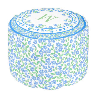 Pretty Blue Green Periwinkles Floral Round Border Pouf