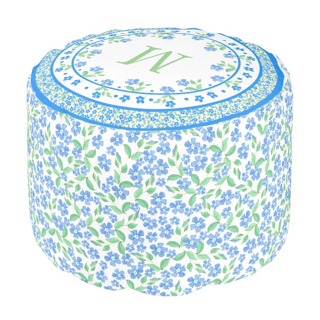 Pretty Blue Green Periwinkles Floral Round Border Pouf (Angled Front)