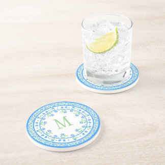 Pretty Blue Green Periwinkles Floral Round Border Sandstone Coaster