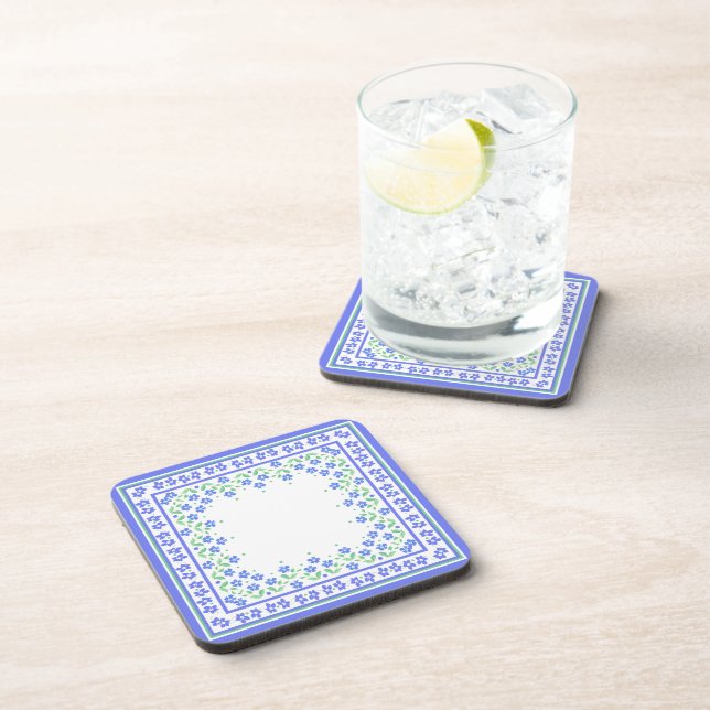 Pretty Blue Green Periwinkles Floral Square Border Drink Coaster (Right Side)