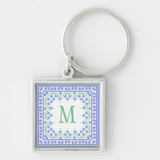Pretty Blue Green Periwinkles Floral Square Border Keychain