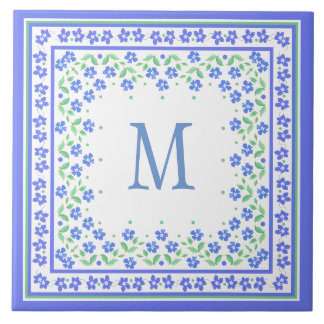 Pretty Blue Green Periwinkles Floral Square Border Tile