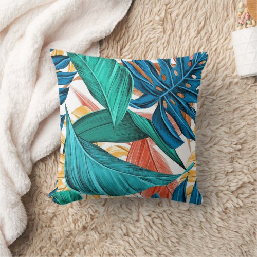 Pretty Blue Green Red Yellow Leaves Seamless Throw Pillow