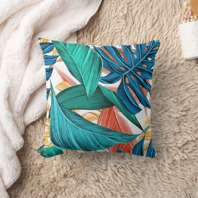 Pretty Blue Green Red Yellow Leaves Seamless Throw Pillow (Blanket)