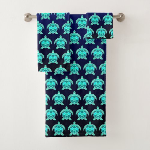 Pretty Blue green turquoise teal turtles pattern B Bath Towel Set