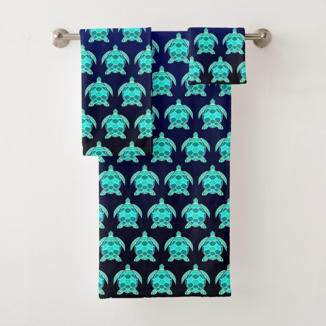 Pretty Blue green turquoise teal turtles pattern B Bath Towel Set (Insitu)