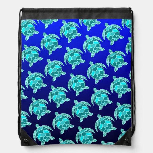Pretty Blue green turquoise teal turtles pattern Drawstring Bag