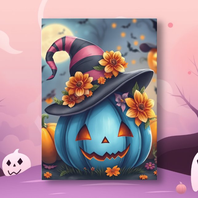 Pretty Blue Halloween Pumpkin Jack-o-lantern Card (Creator Uploaded)