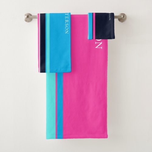 Pretty Blue  Hot Pink Line Style Personalized Bath Towel Set