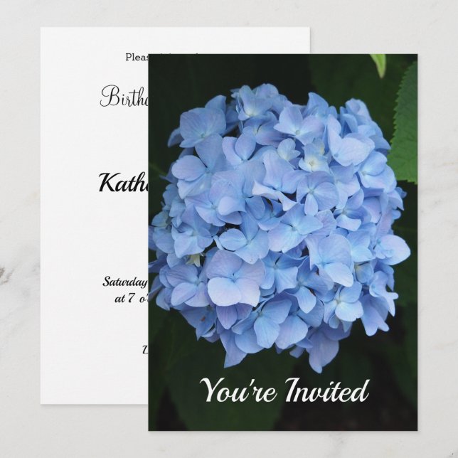 Pretty Blue Hydrangea Floral Photo Birthday Invitation (Front/Back)