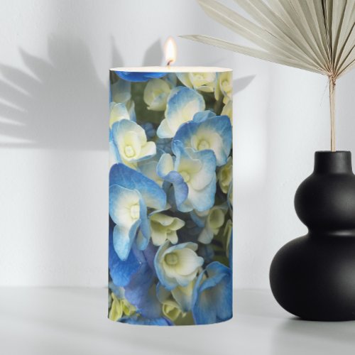 Pretty Blue Hydrangea Floral Pillar Candle