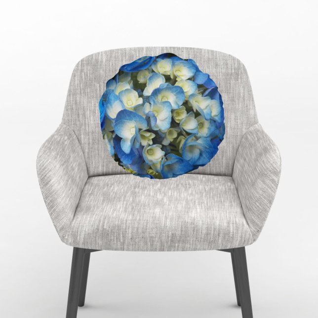 Pretty Blue Hydrangea Floral Round Pillow (In Situ Chair)