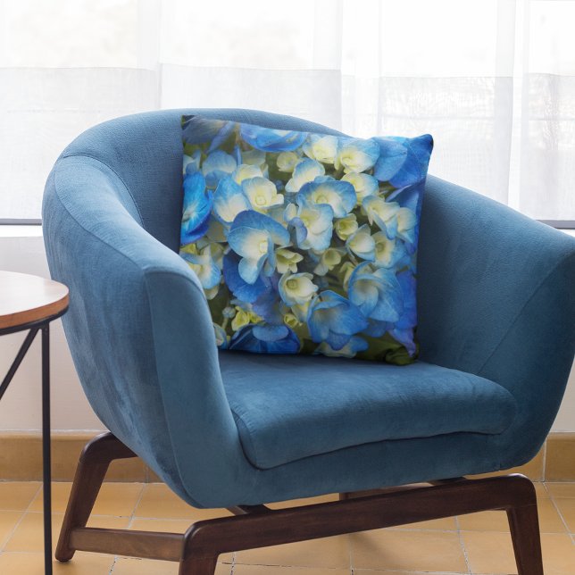 Pretty Blue Hydrangea Floral Throw Pillow (In Situ Chair)
