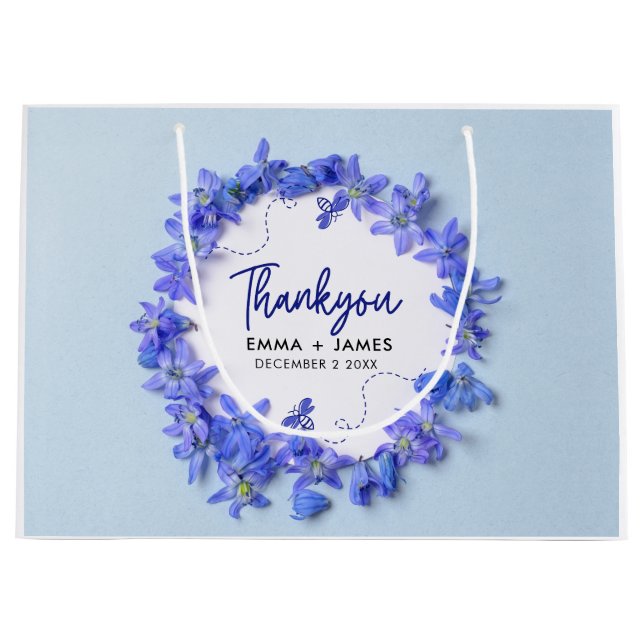 Pretty Blue Hydrangeas Script Wedding Thank You  Large Gift Bag (Front)