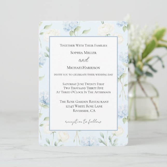 Pretty Blue Hyndrangea Flowers Wedding Invitation (Standing Front)