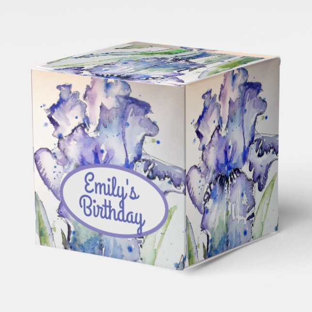 Pretty Blue Iris Floral Birthday Cake Favor Box (Front Side)