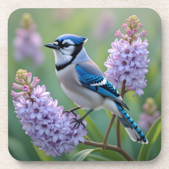 Pretty Blue Jay Standing on Lilac Branches Beverage Coaster (Front)