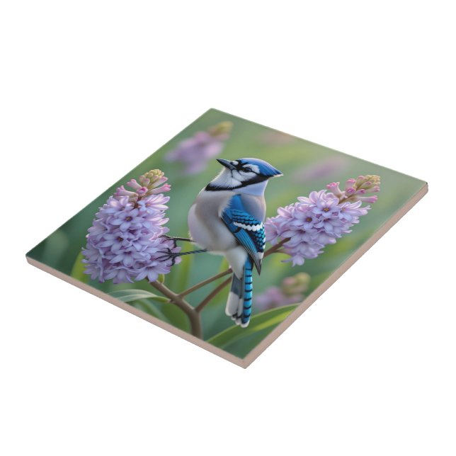 Pretty Blue Jay Standing on Lilac Branches Ceramic Tile (Side)