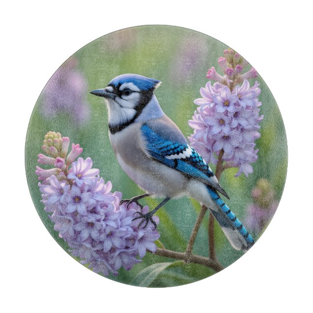Pretty Blue Jay Standing on Lilac Branches Cutting Board (Front)