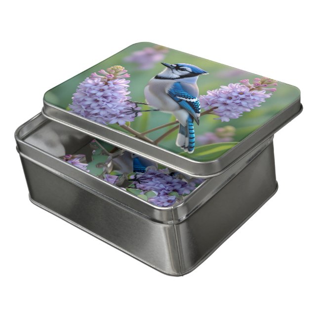 Pretty Blue Jay Standing on Lilac Branches Jigsaw Puzzle (Lid Open)