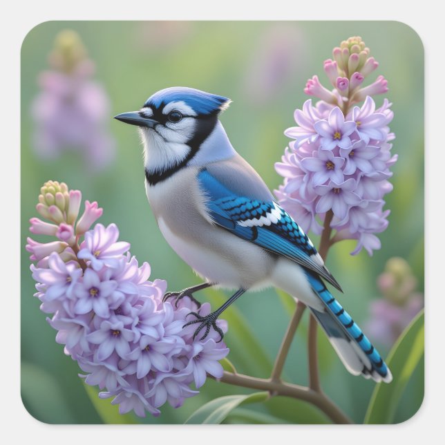 Pretty Blue Jay Standing on Lilac Branches Square Sticker (Front)