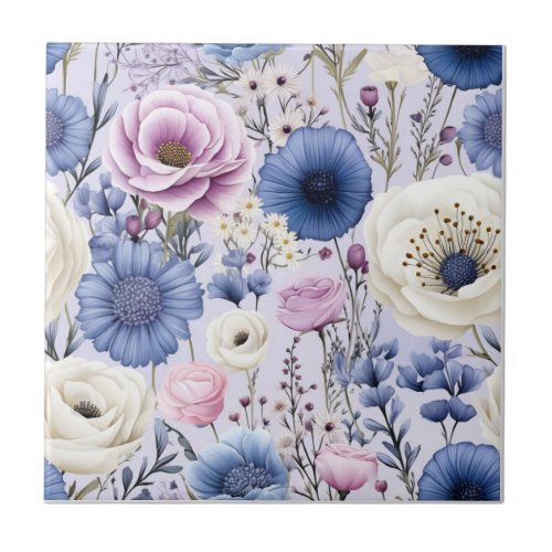 Pretty Blue Lavender Flowers Floral Design Ceramic Tile