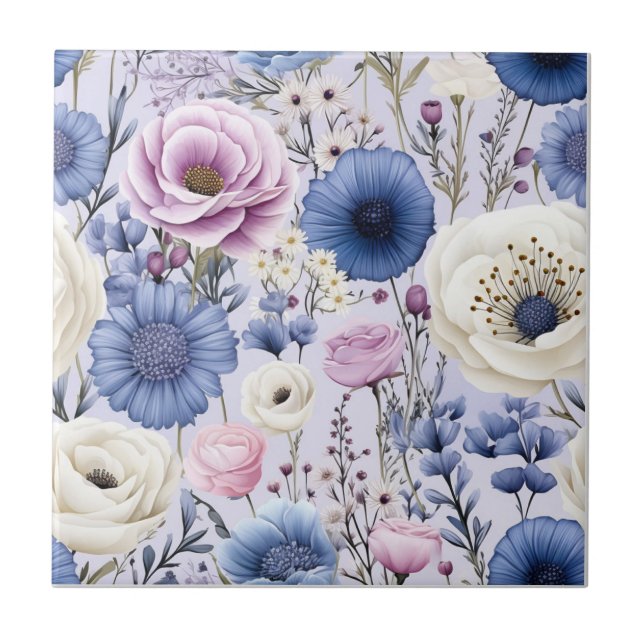Pretty Blue Lavender Flowers Floral Design Ceramic Tile (Front)