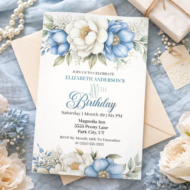 Pretty Blue Magnolia and Peony 100th Birthday Invitation (Creator Uploaded)