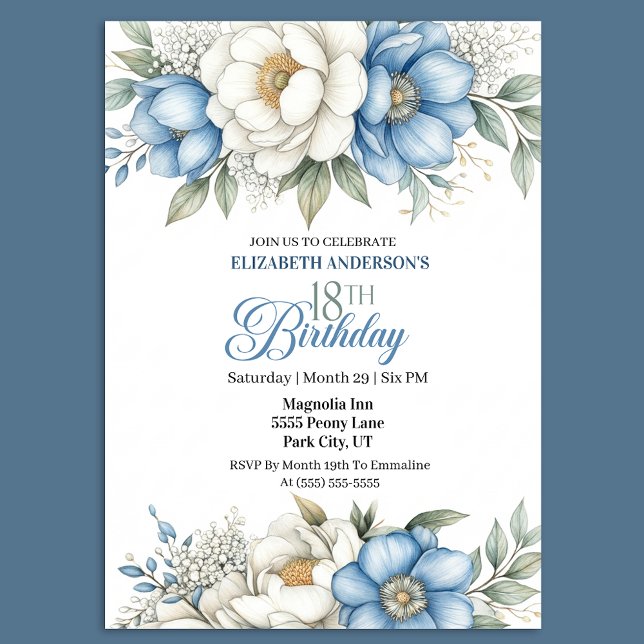 Pretty Blue Magnolia and Peony 18th Birthday Invitation (Creator Uploaded)