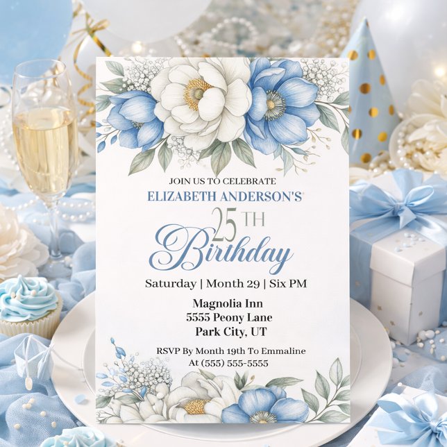 Pretty Blue Magnolia and Peony 25th Birthday Invitation (Creator Uploaded)