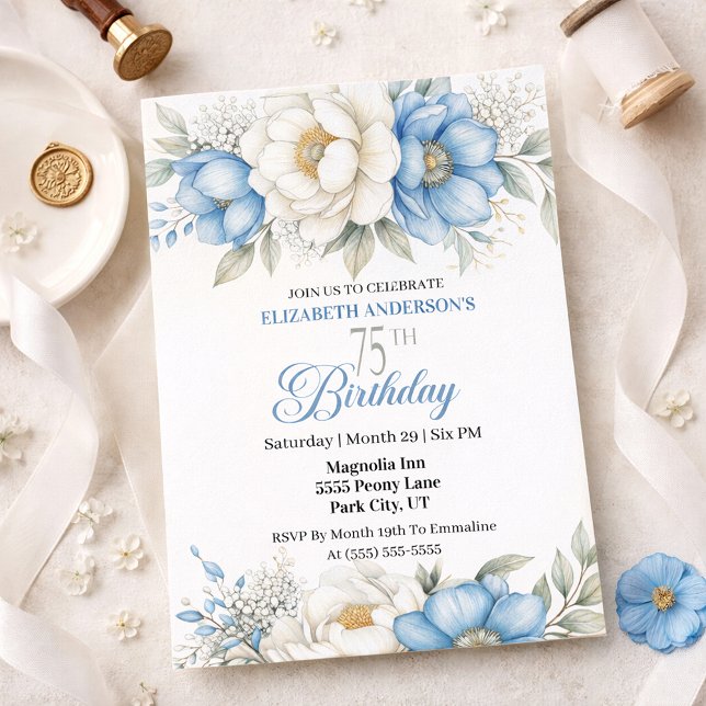 Pretty Blue Magnolia and Peony 75th Birthday Invitation (Creator Uploaded)