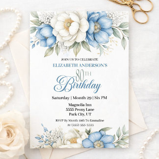 Pretty Blue Magnolia and Peony 80th Birthday Invitation