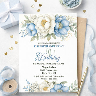 Pretty Blue Magnolia and Peony 90th Birthday Invitation