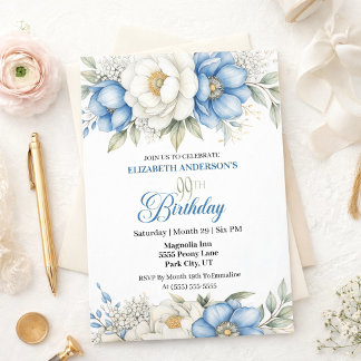 Pretty Blue Magnolia and Peony 99th Birthday Invitation