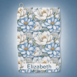 Pretty Blue Magnolia and Peony Personalized Golf Towel