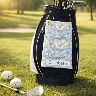 Pretty Blue Magnolia and Peony Personalized Golf Towel