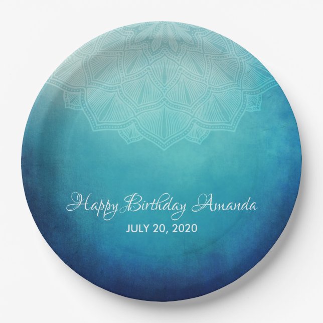 Pretty Blue Mandala Abstract Birthday Paper Plates (Front)